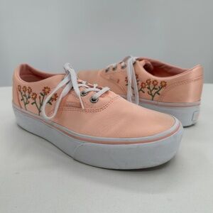 Vans Peach Satin Doheny Platform Sneakers 8.5 Women's Lace-up Floral Embroidery
